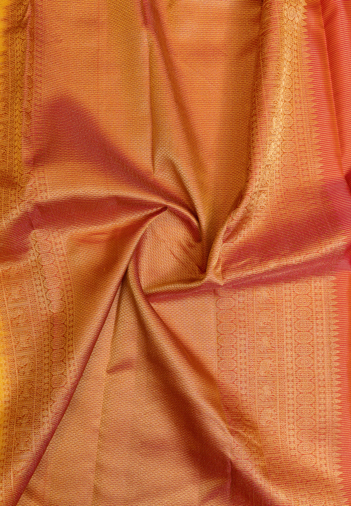Yellow and peach traditional pure Kanchipuram silk saree