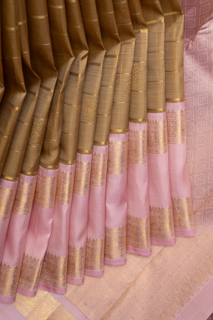 Khaki Gold and Lotus Pink Pure Zari Kanchipuram Silk Saree - Clio Silks