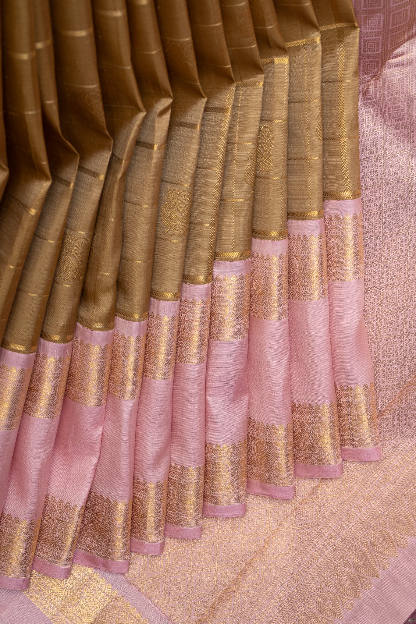 Khaki Gold and Lotus Pink Pure Zari Kanchipuram Silk Saree - Clio Silks