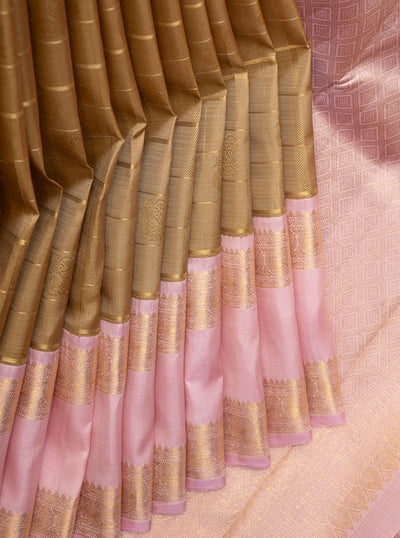 Khaki Gold and Lotus Pink Pure Zari Kanchipuram Silk Saree - Clio Silks