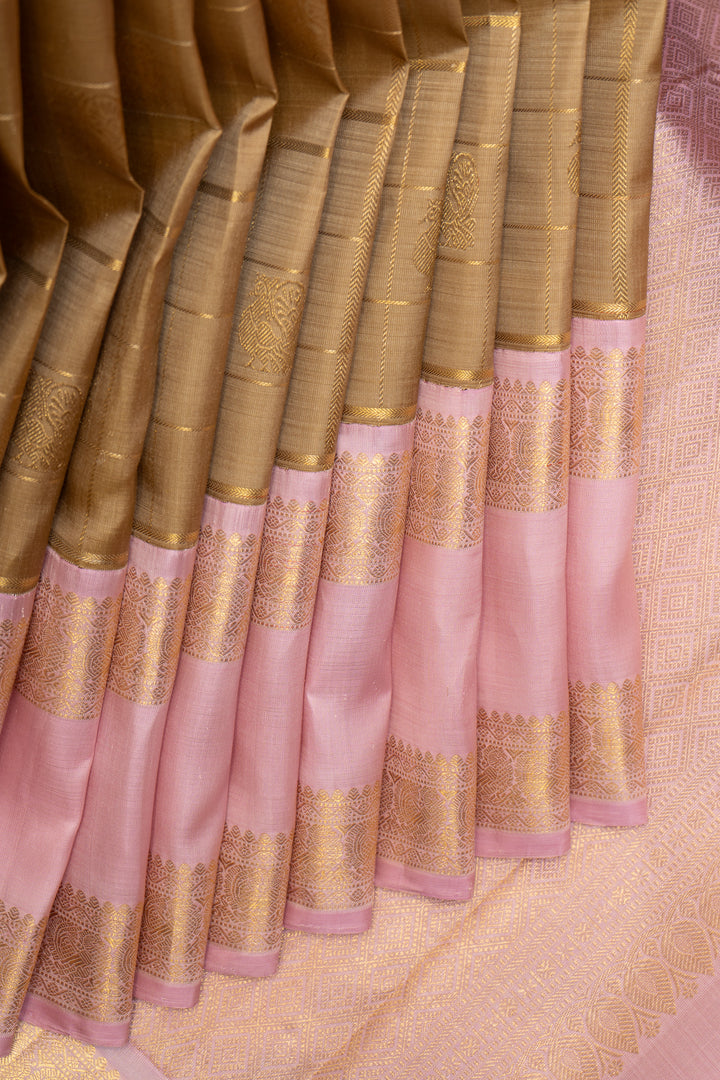 Khaki Gold and Lotus Pink Pure Zari Kanchipuram Silk Saree - Clio Silks