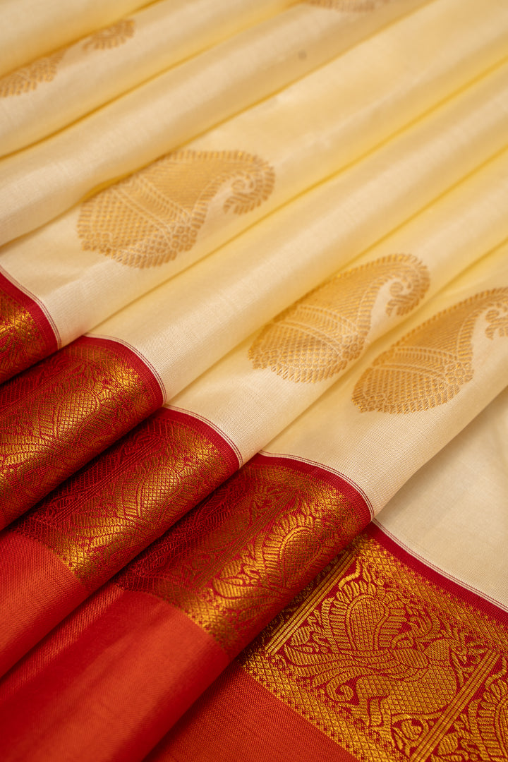 Pearl White and Orange Rettai Pettu Pure Kanchipuram Silk Saree - Clio Silks