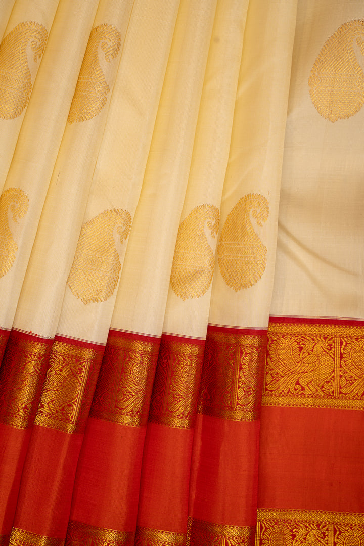 Pearl White and Orange Rettai Pettu Pure Kanchipuram Silk Saree - Clio Silks