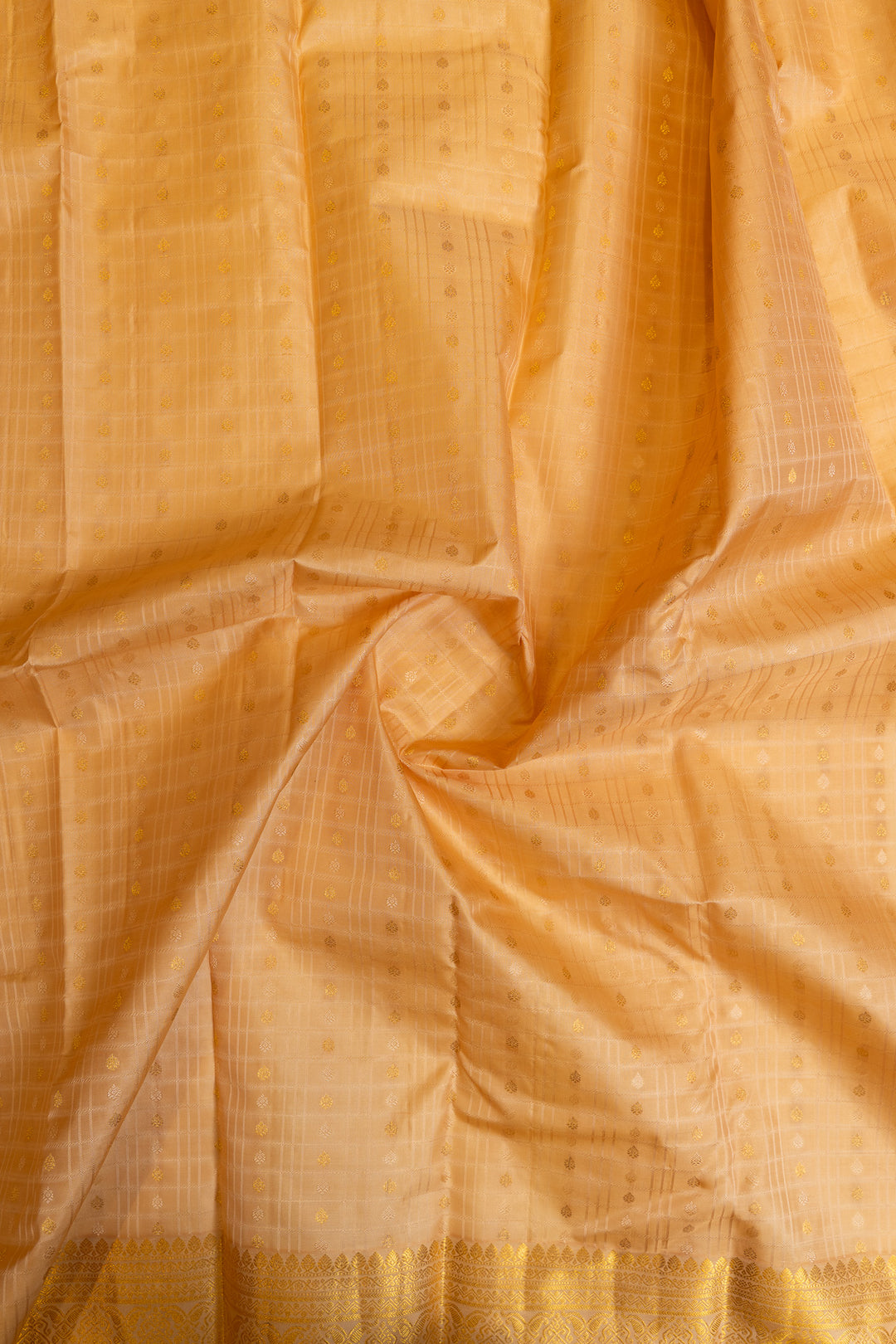 Sandal yellow checks pure Kanchipuram silk saree