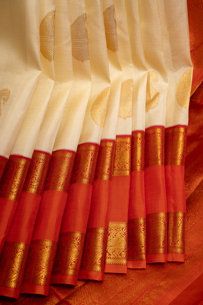 Pearl White and Orange Rettai Pettu Pure Kanchipuram Silk Saree - Clio Silks