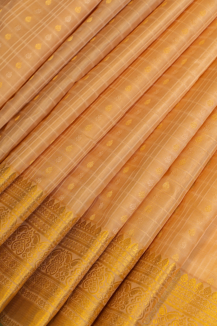 Sandal yellow checks pure Kanchipuram silk saree