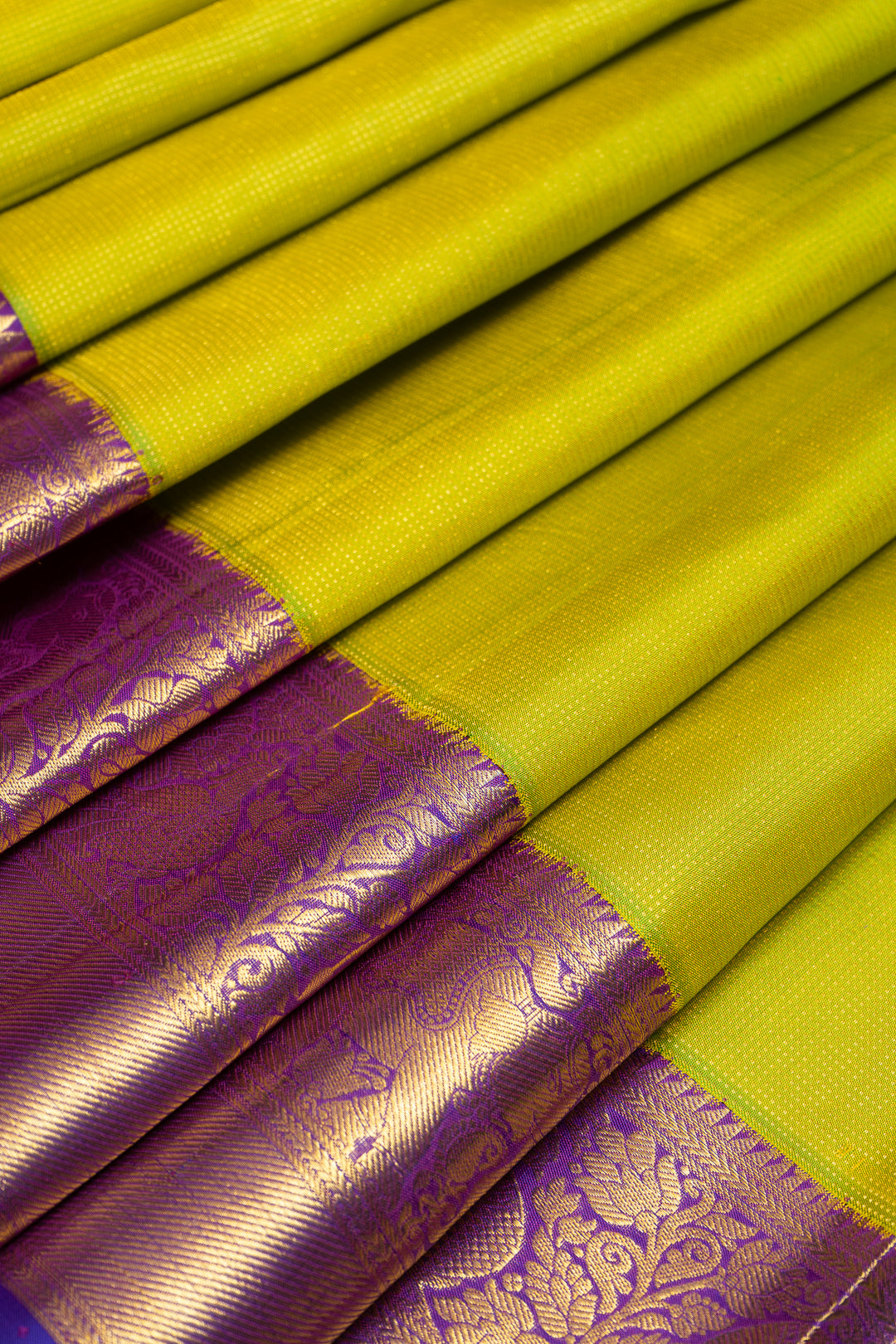 Lime Green and Purple Zari Self Pure Kanchipuram Silk Saree - Clio Silks