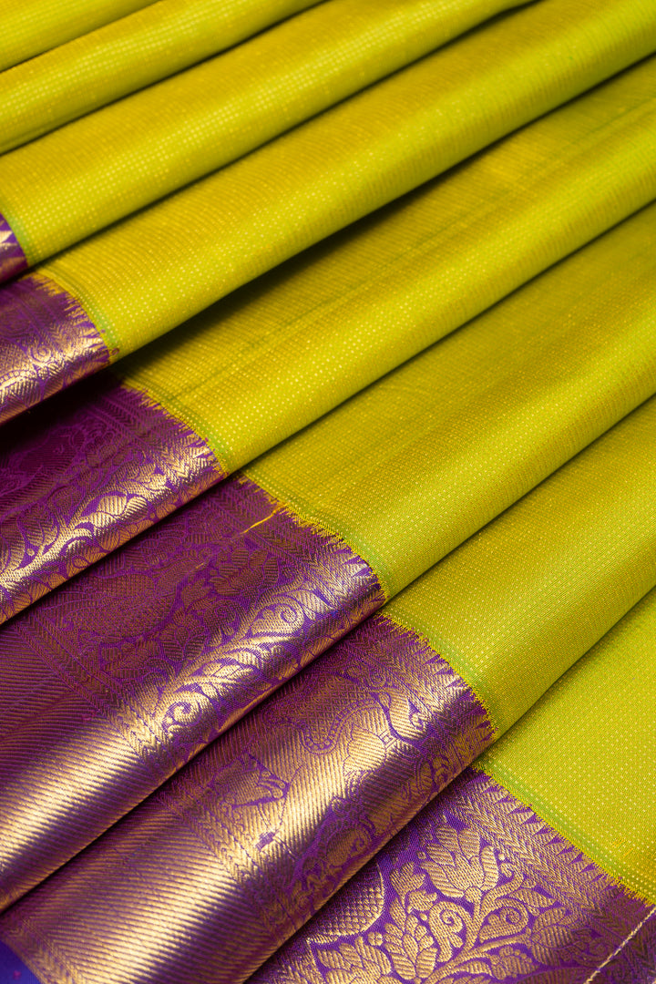 Lime Green and Purple Zari Self Pure Kanchipuram Silk Saree - Clio Silks