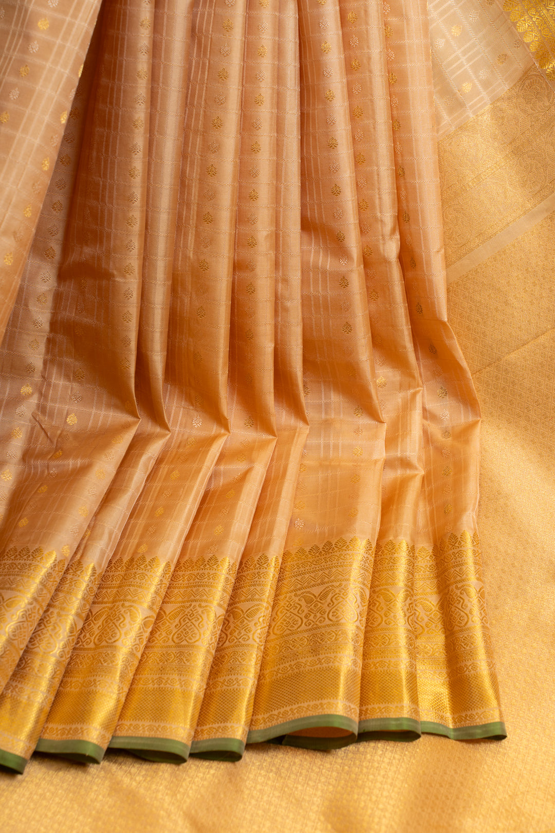 Sandal yellow checks pure Kanchipuram silk saree