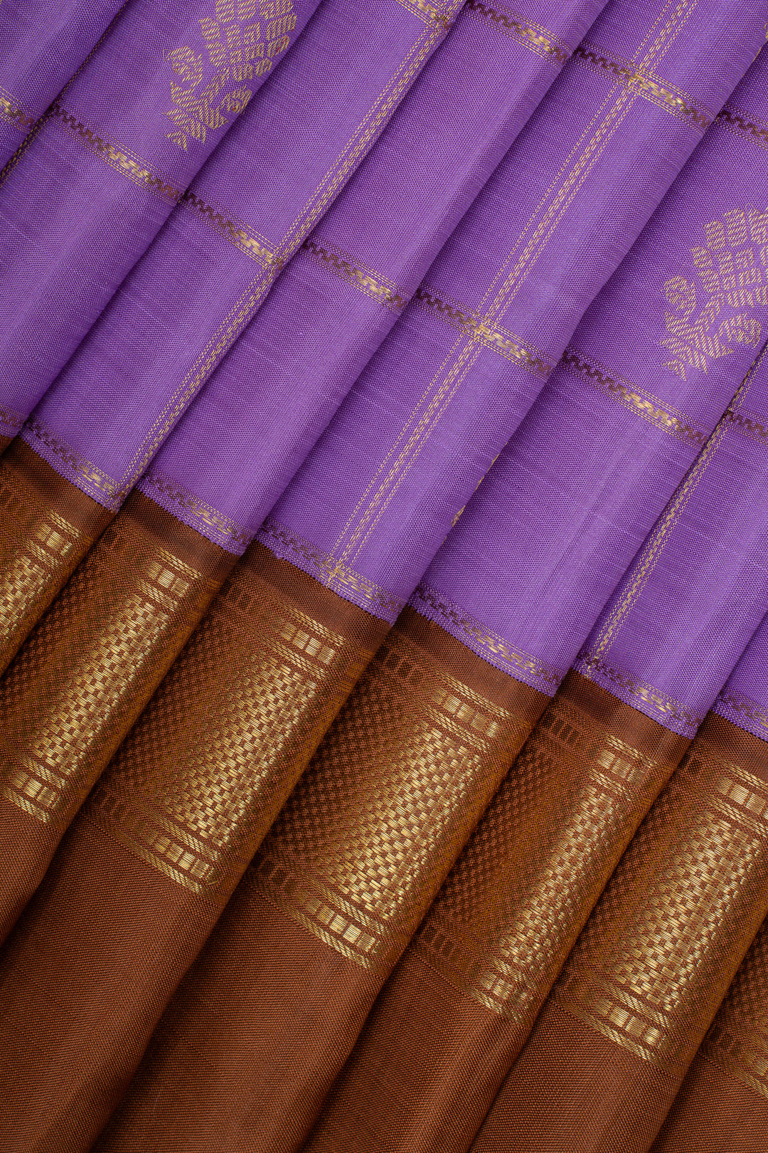 Purple and brown Jamdani checks pure kanchipuram silk saree