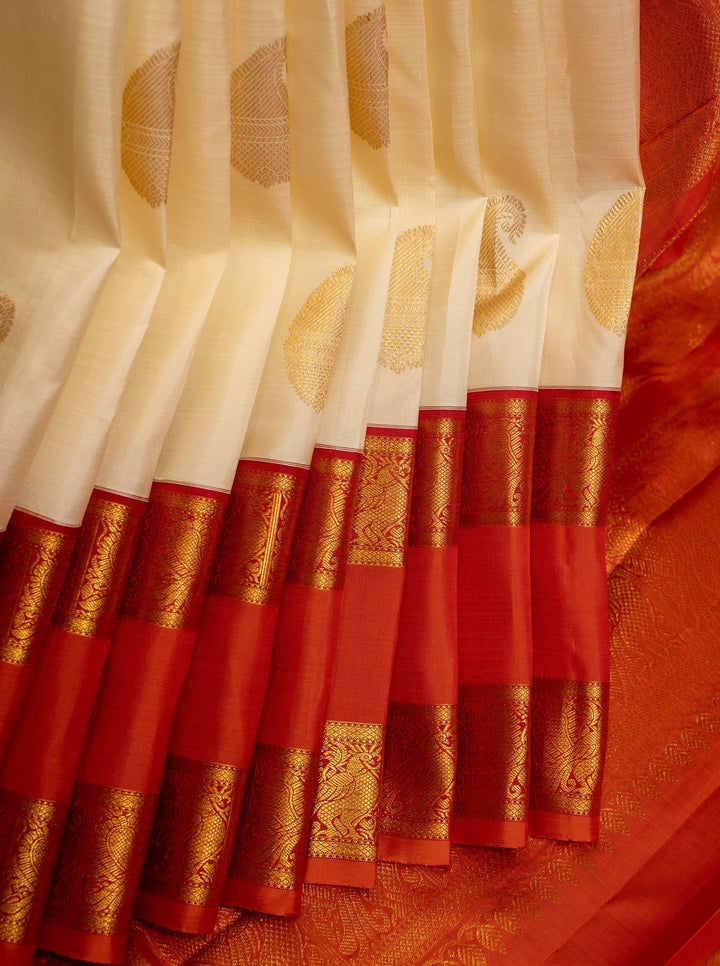 Pearl White and Orange Rettai Pettu Pure Kanchipuram Silk Saree - Clio Silks