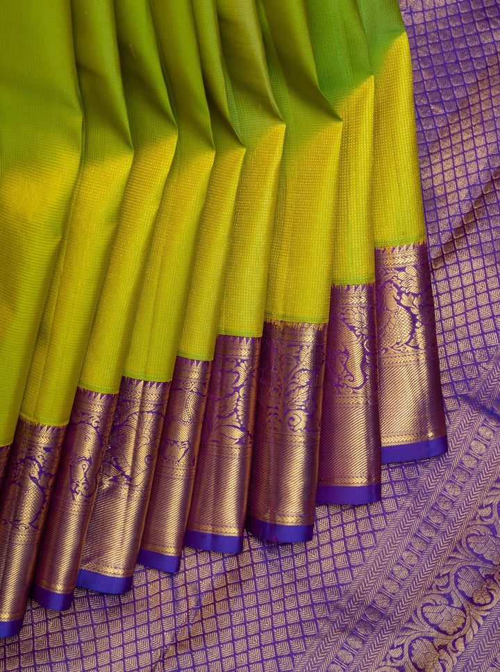 Lime Green and Purple Zari Self Pure Kanchipuram Silk Saree - Clio Silks