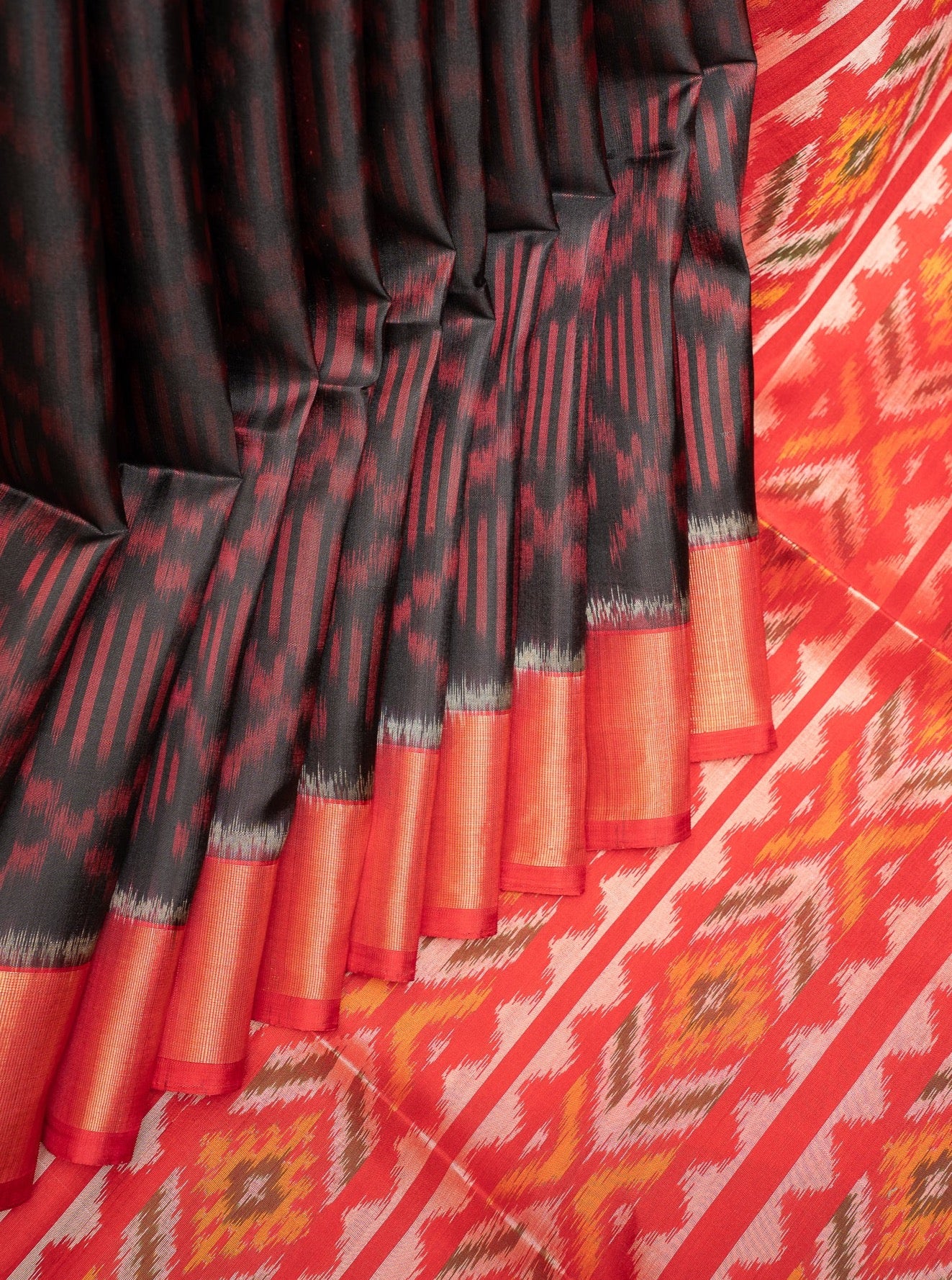 Black and Red Pure Ikkat Silk Saree - Clio Silks