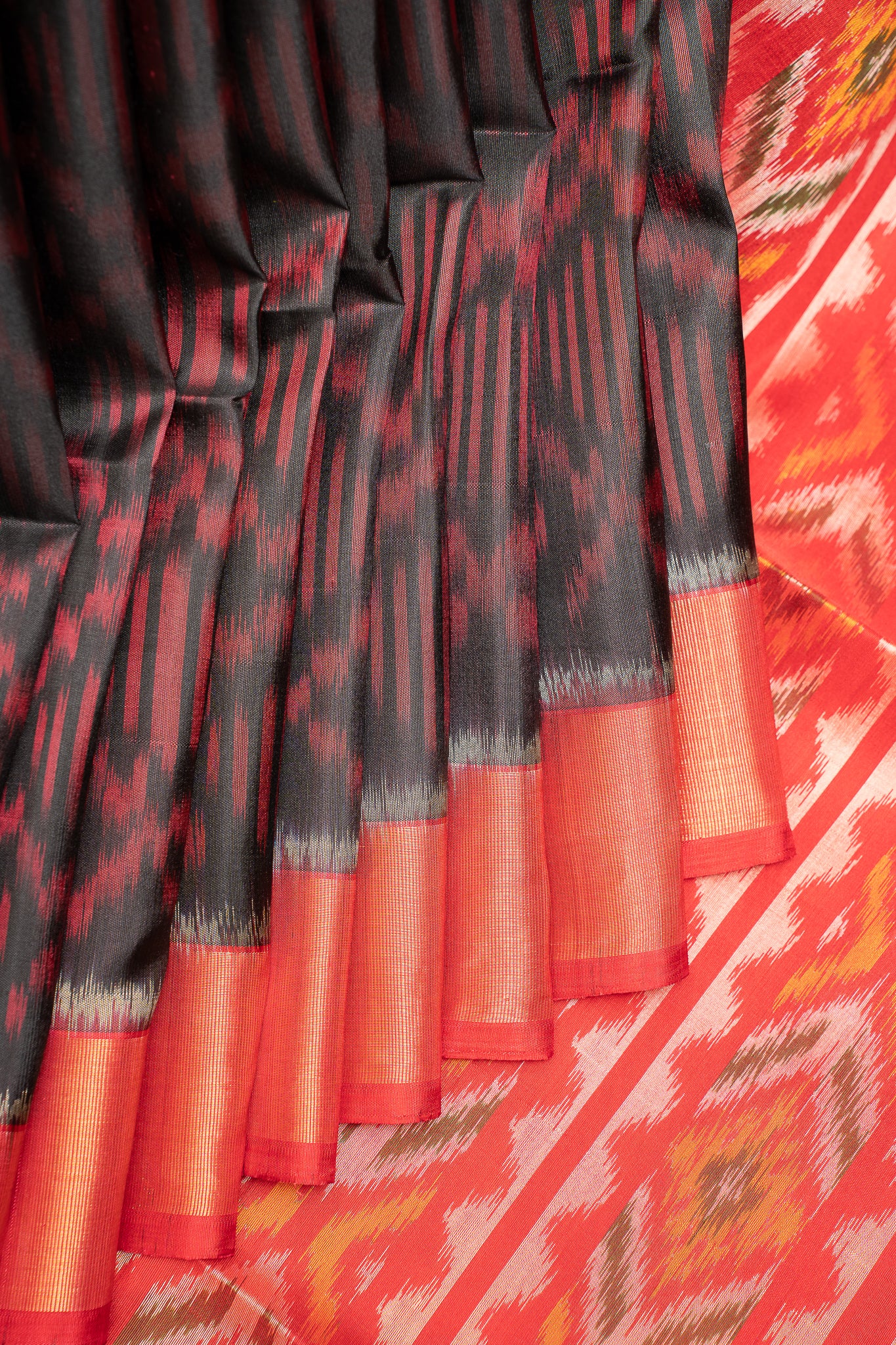 Black and Red Pure Ikkat Silk Saree - Clio Silks