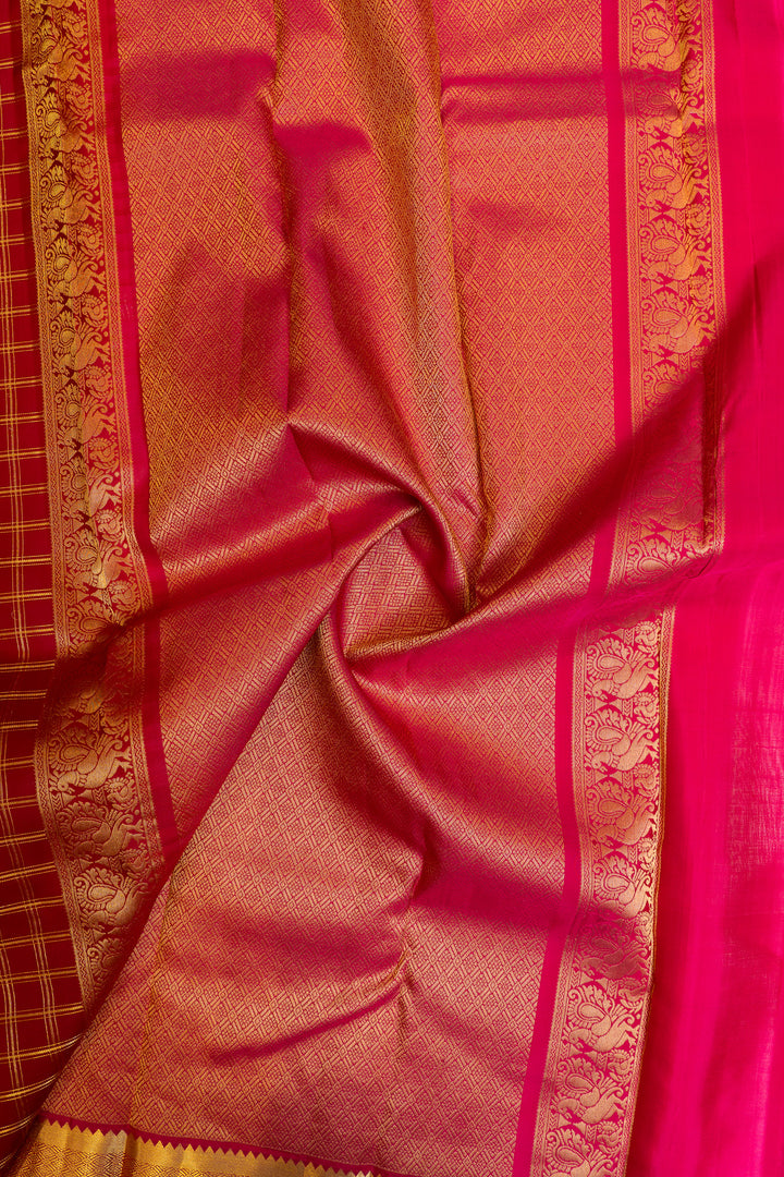 Red zari checks pure Kanchipuram silk saree