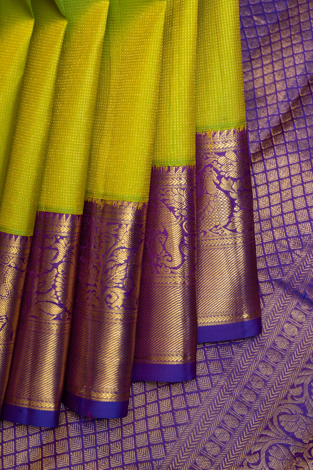 Lime Green and Purple Zari Self Pure Kanchipuram Silk Saree - Clio Silks