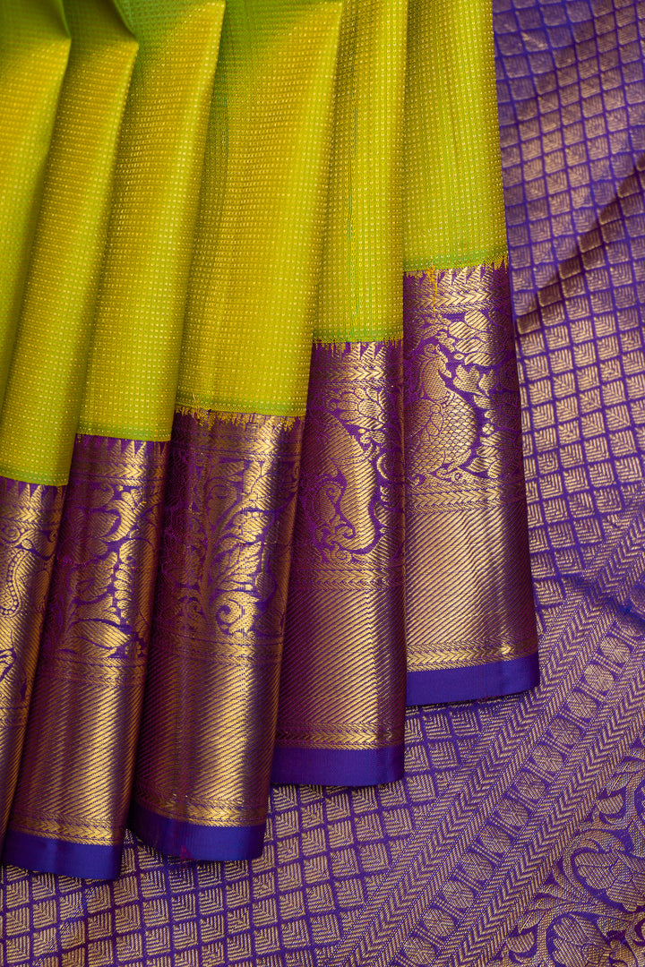 Lime Green and Purple Zari Self Pure Kanchipuram Silk Saree - Clio Silks