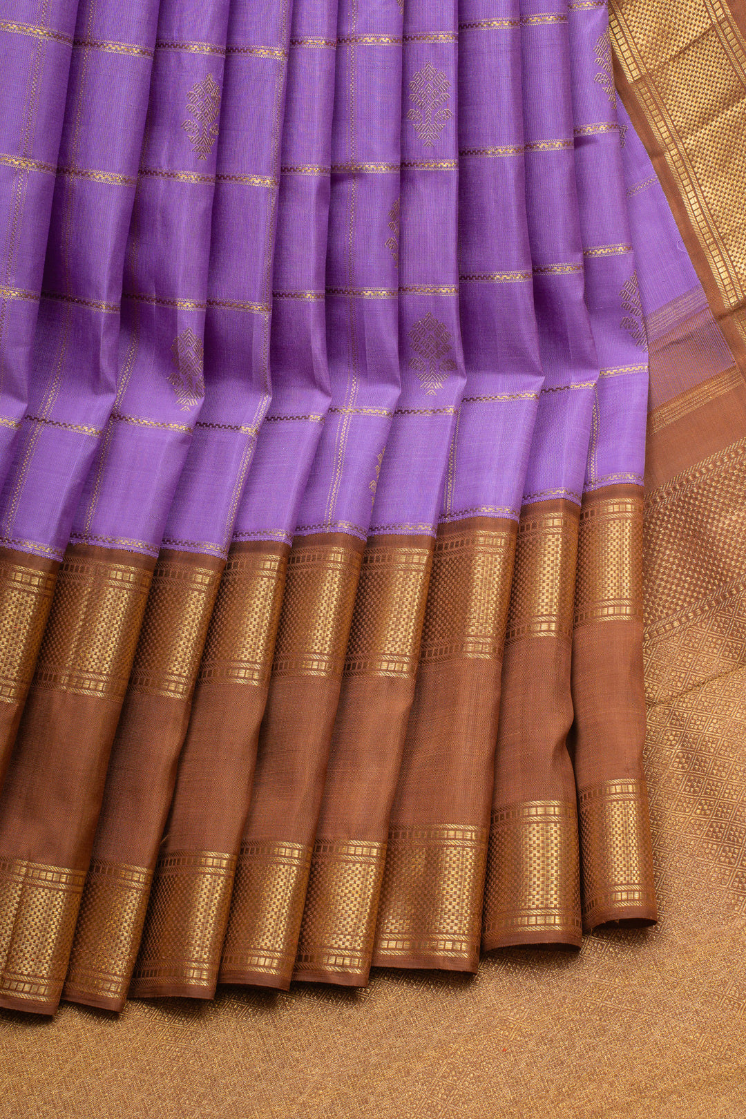 Purple and brown Jamdani checks pure kanchipuram silk saree