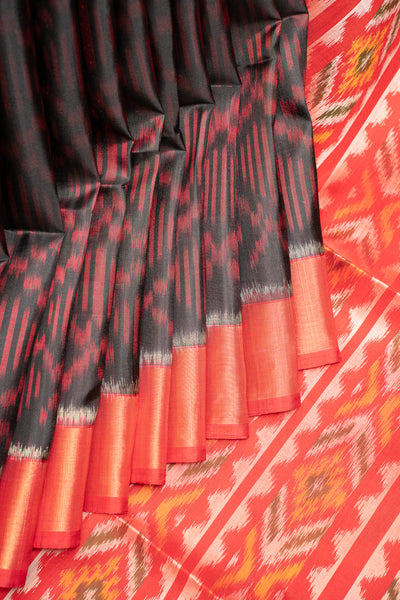 Black and Red Pure Ikkat Silk Saree - Clio Silks