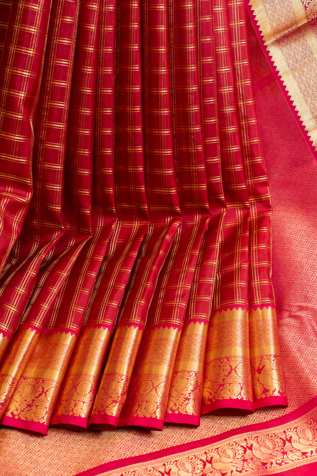 Red zari checks pure Kanchipuram silk saree