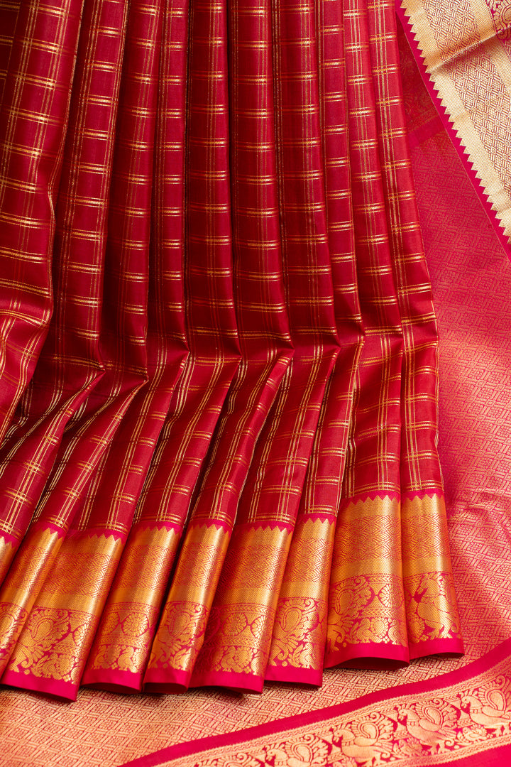 Red zari checks pure Kanchipuram silk saree