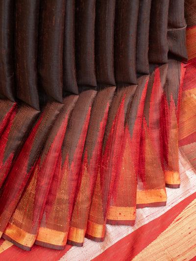 Brown and red temple border pure raw silk Tussar saree