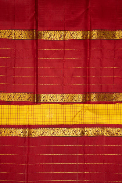 Yellow Podikattam and Maroon Rettai Pettu Pure Kanchipuram Silk Saree - Clio Silks