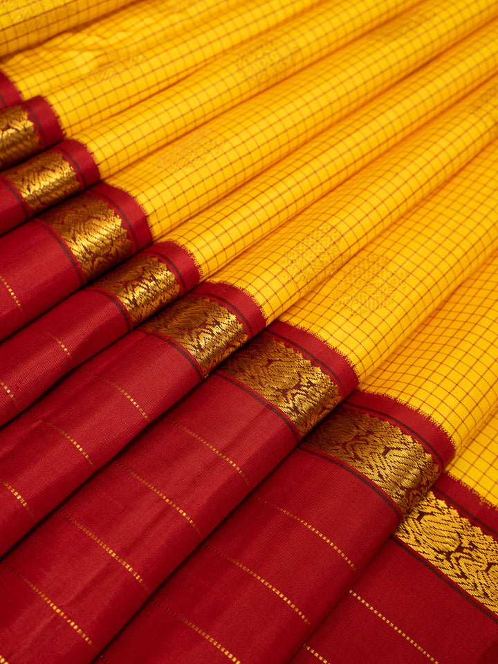 Yellow Podikattam and Maroon Rettai Pettu Pure Kanchipuram Silk Saree - Clio Silks