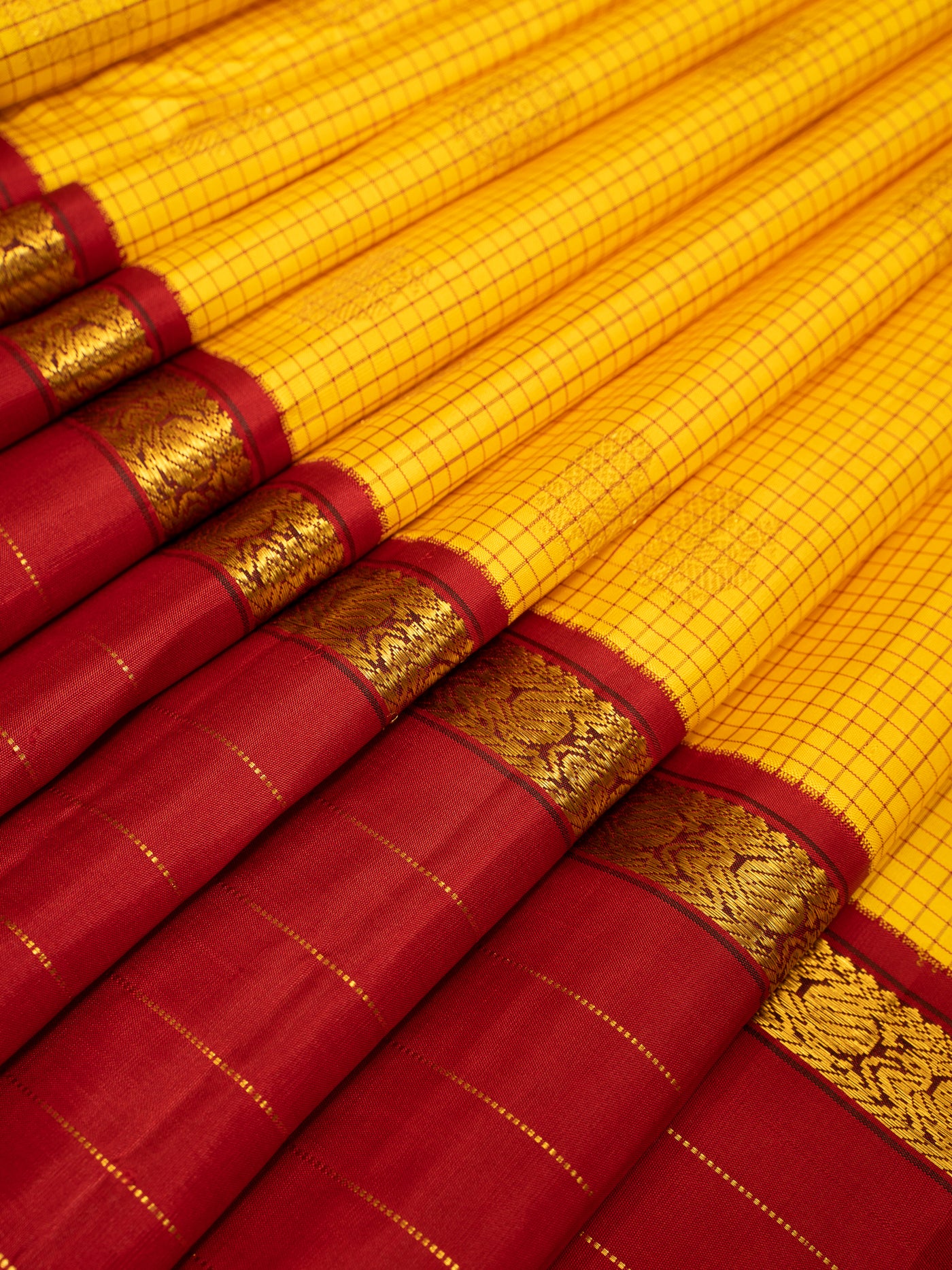 Yellow Podikattam and Maroon Rettai Pettu Pure Kanchipuram Silk Saree - Clio Silks