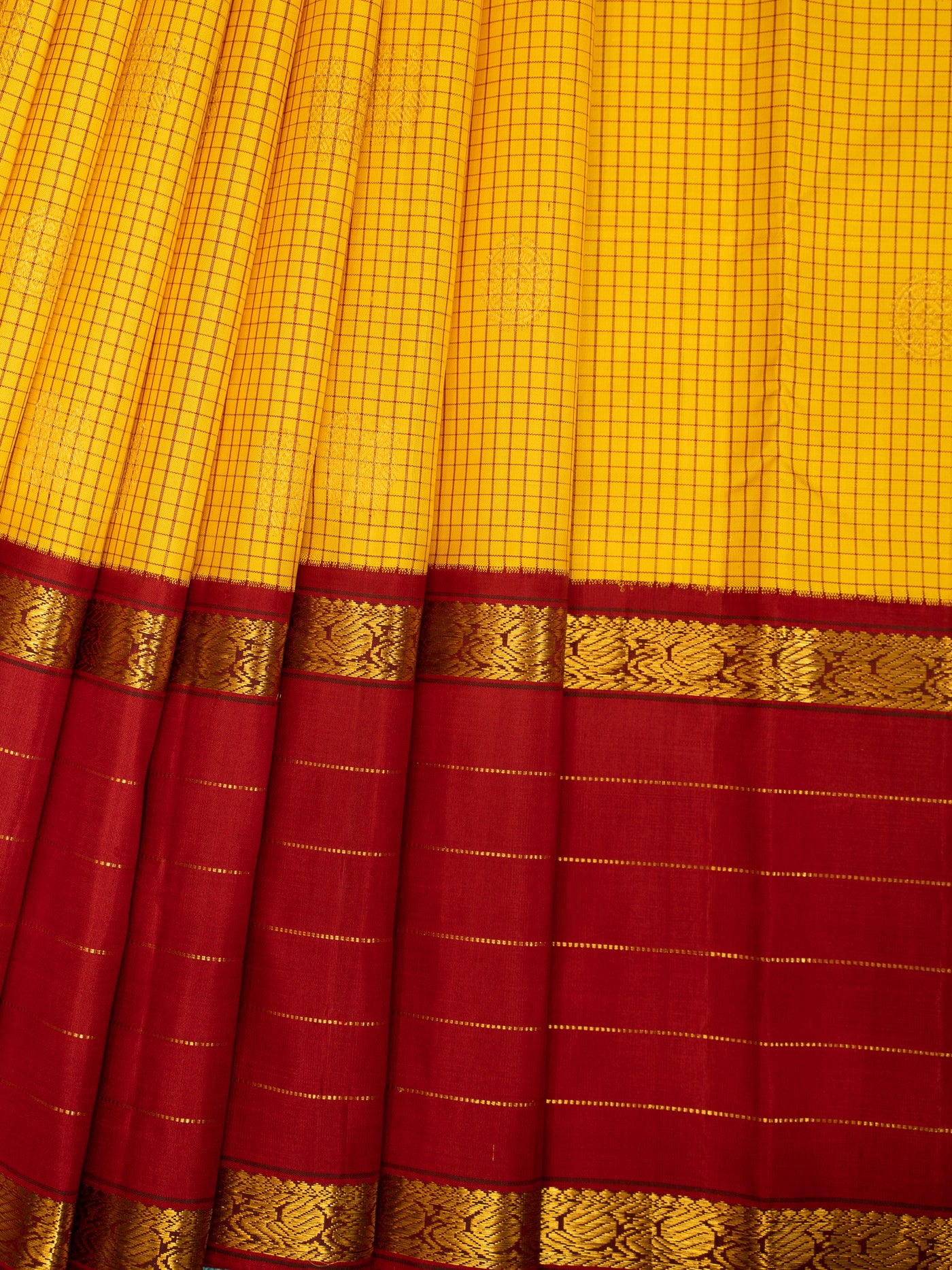 Yellow Podikattam and Maroon Rettai Pettu Pure Kanchipuram Silk Saree - Clio Silks
