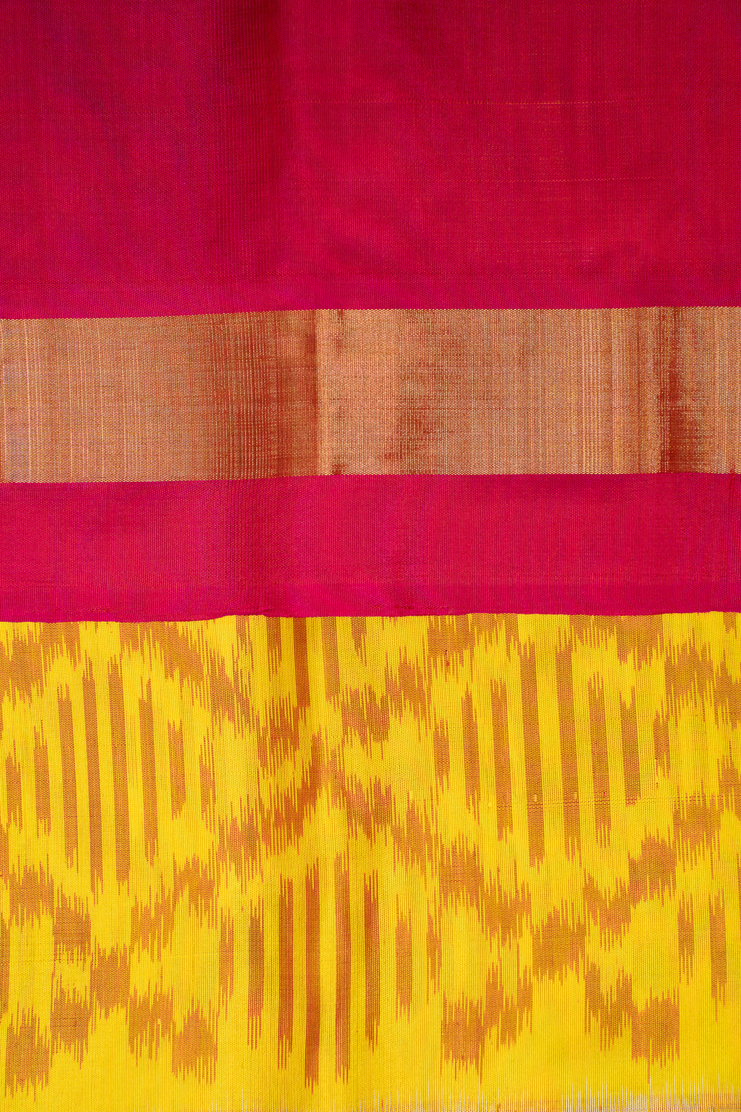 Yellow and Pink Pure Ikkat Silk Saree - Clio Silks