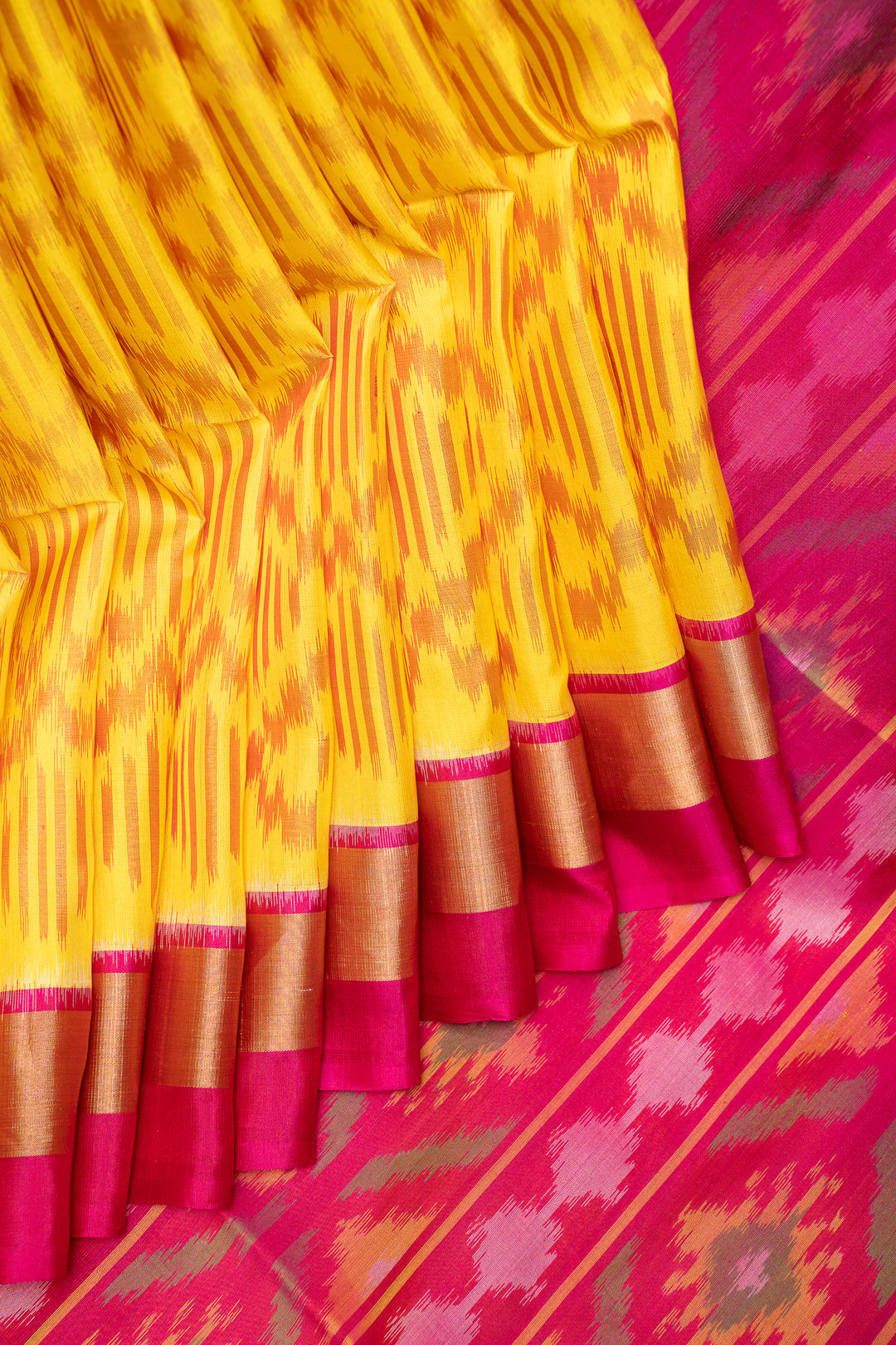 Yellow and Pink Pure Ikkat Silk Saree - Clio Silks