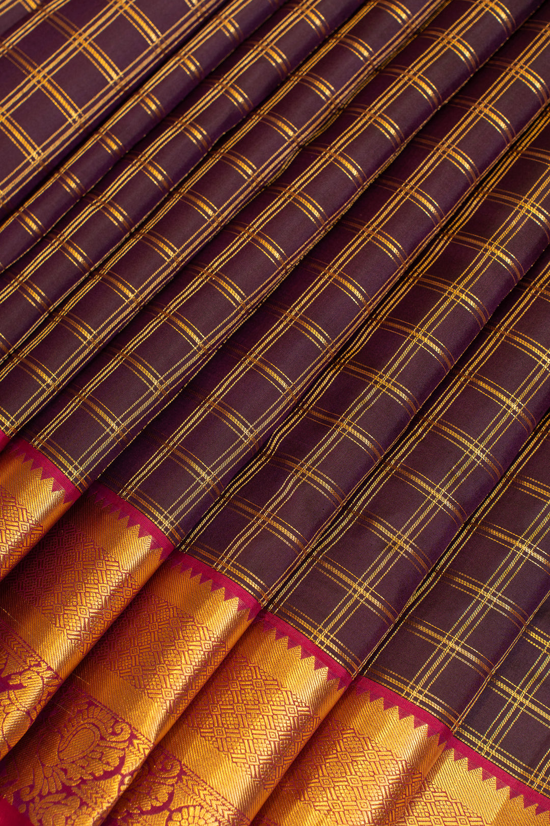 Aubergine Purple zari checks pure Kanchipuram silk saree