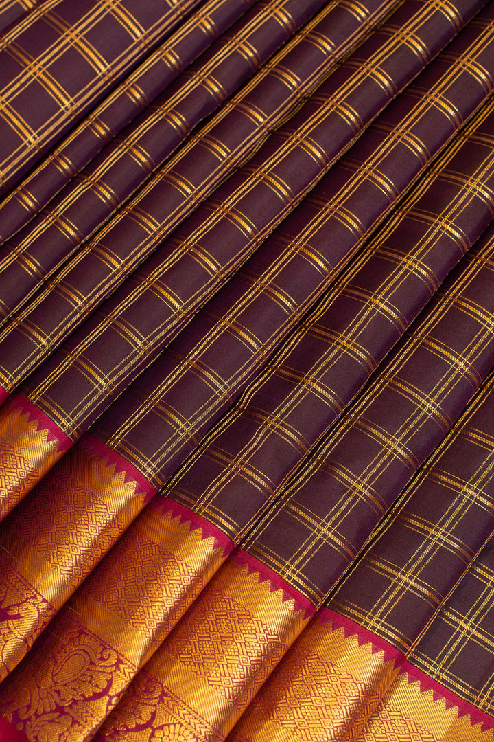 Aubergine Purple zari checks pure Kanchipuram silk saree
