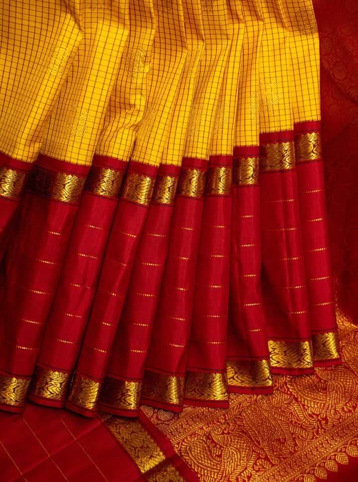 Yellow Podikattam and Maroon Rettai Pettu Pure Kanchipuram Silk Saree - Clio Silks