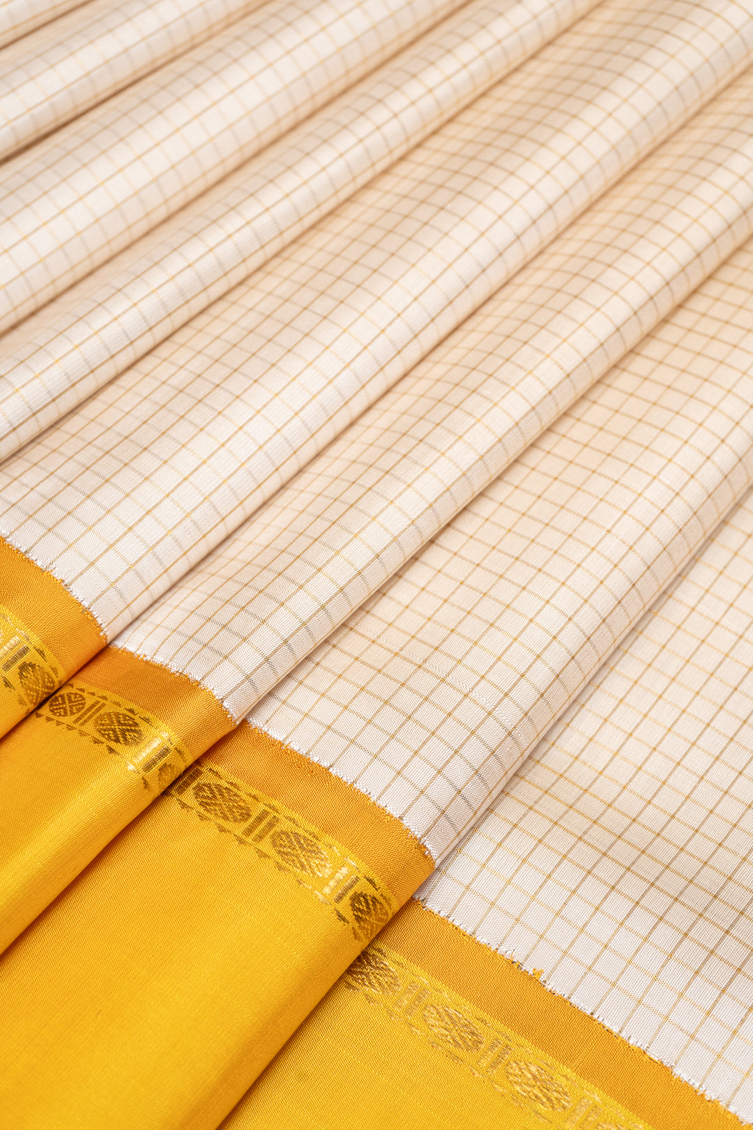 Pearl White and Yellow Pure Zari Kanchipuram Silk Saree - Clio Silks