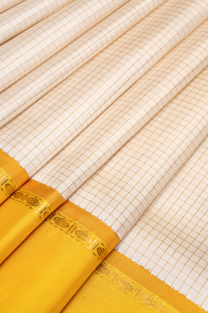 Pearl White and Yellow Pure Zari Kanchipuram Silk Saree - Clio Silks
