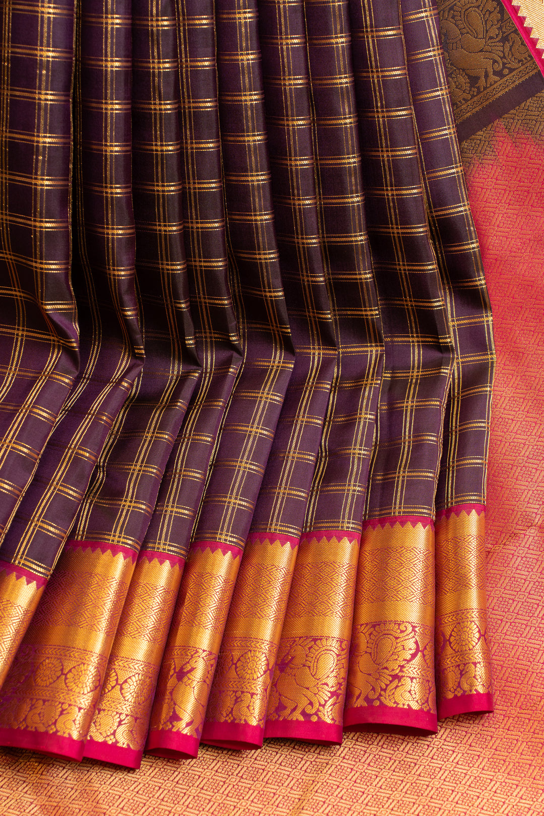 Aubergine Purple zari checks pure Kanchipuram silk saree