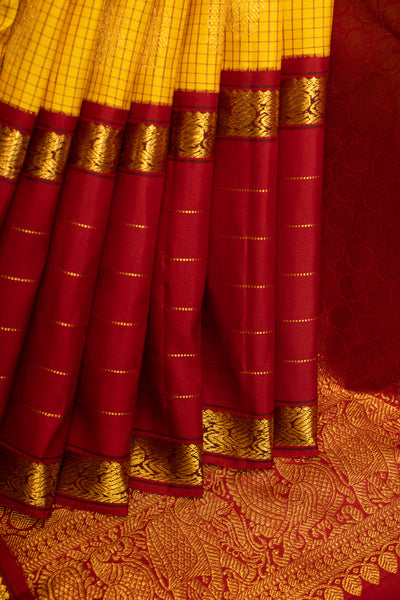 Yellow Podikattam and Maroon Rettai Pettu Pure Kanchipuram Silk Saree - Clio Silks