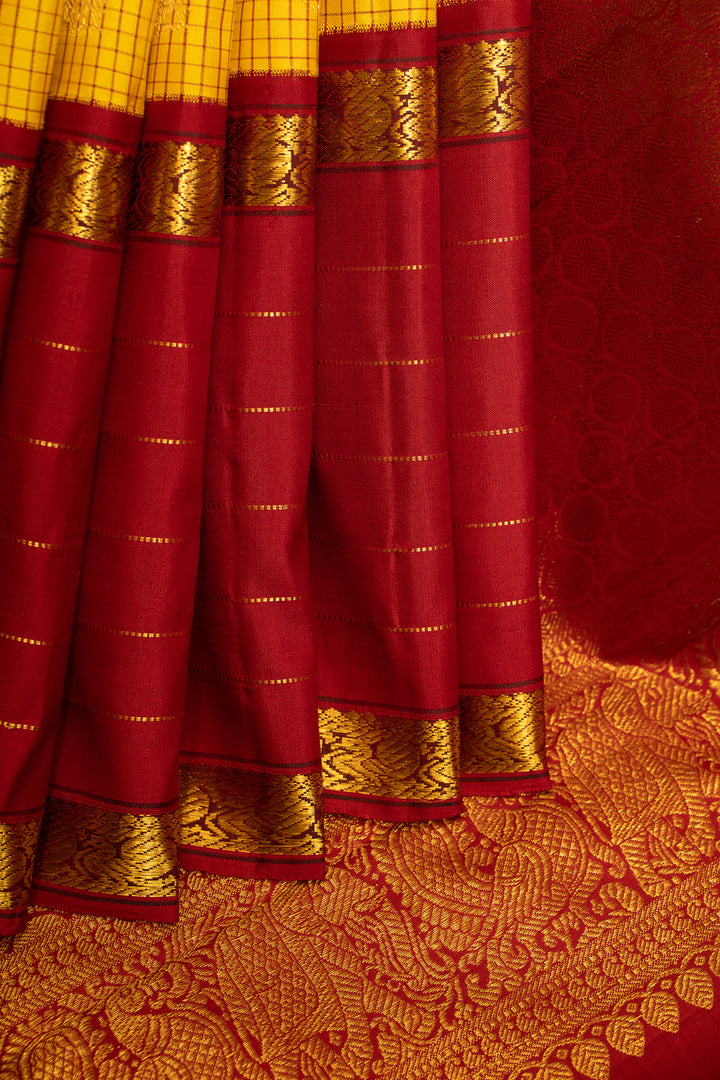 Yellow Podikattam and Maroon Rettai Pettu Pure Kanchipuram Silk Saree - Clio Silks