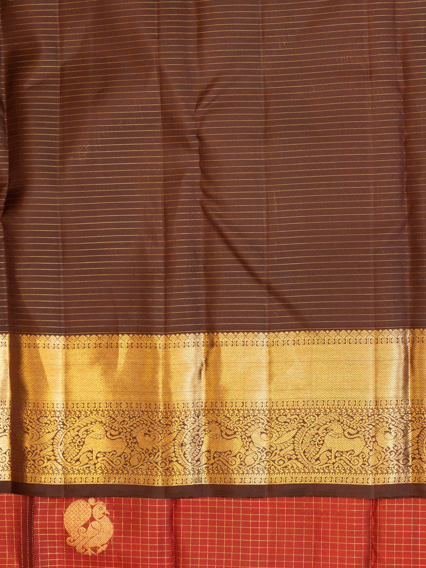 Maroon and brown zari checks korvai Kanchipuram silk saree