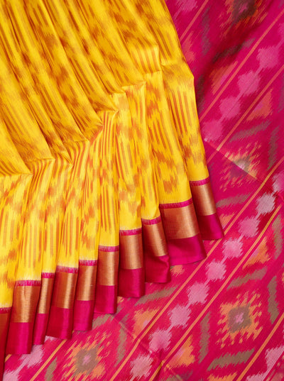 Yellow and Pink Pure Ikkat Silk Saree - Clio Silks