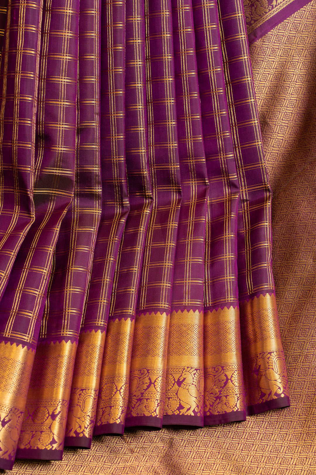 Purple zari checks pure Kanchipuram silk saree