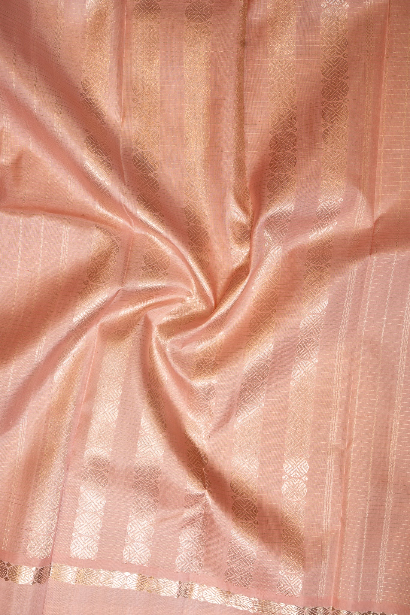 Salmon Pink and Silver Checks Rettai Pettu Pure Kanchipuram Silk Saree - Clio Silks