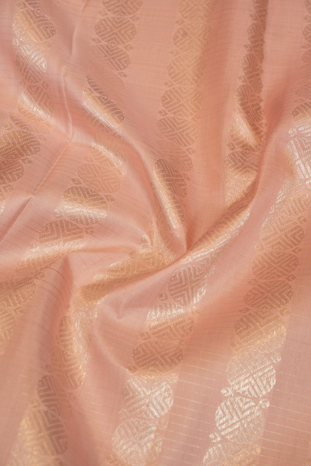 Salmon Pink and Silver Checks Rettai Pettu Pure Kanchipuram Silk Saree - Clio Silks