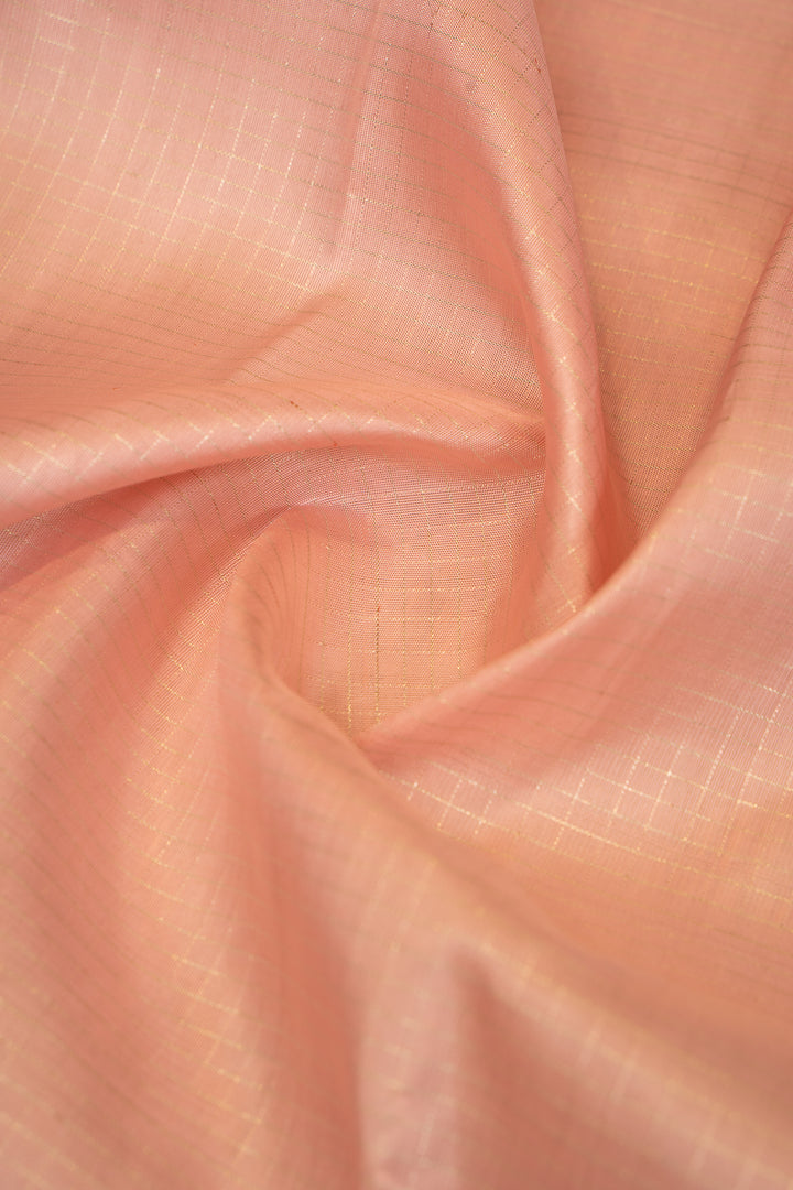 Salmon Pink and Silver Checks Rettai Pettu Pure Kanchipuram Silk Saree - Clio Silks
