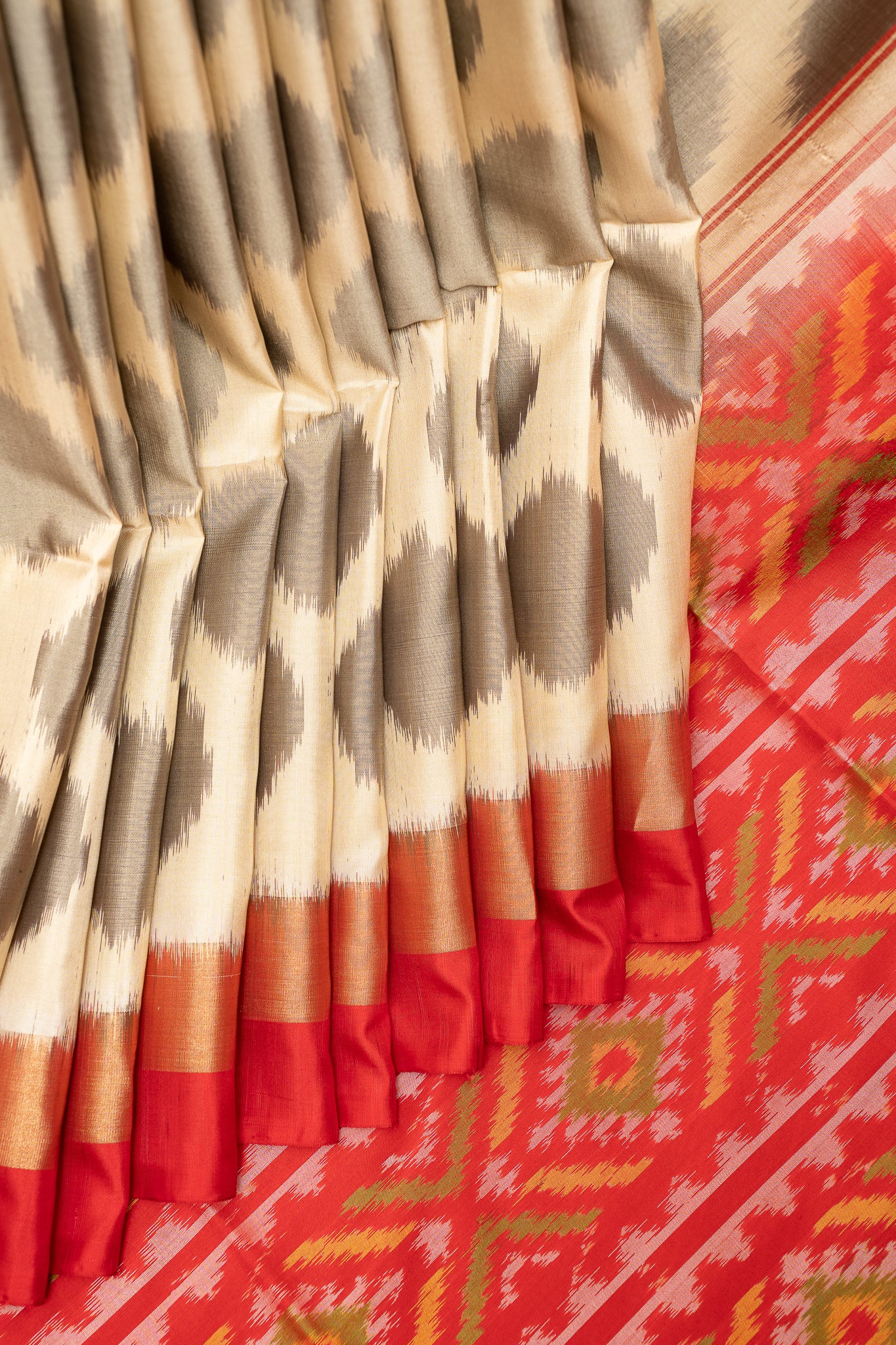 Off White and Red Pure Ikkat Silk Saree - Clio Silks