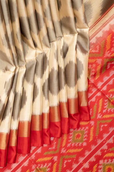 Off White and Red Pure Ikkat Silk Saree - Clio Silks