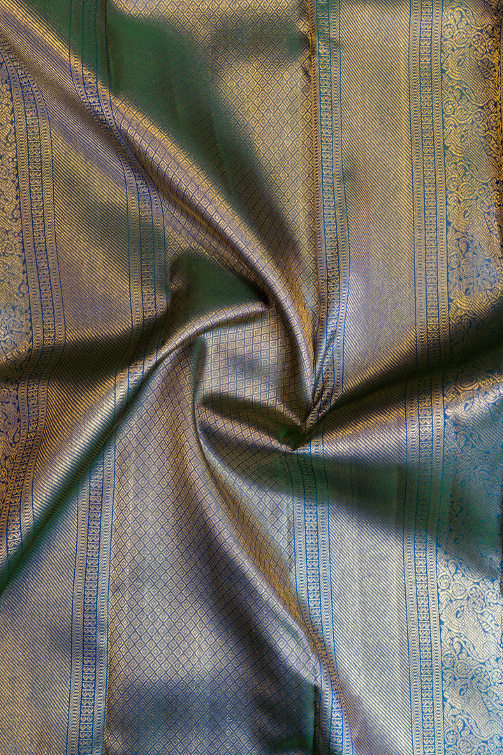 Peacock blue zari checks pure Kanchipuram silk saree
