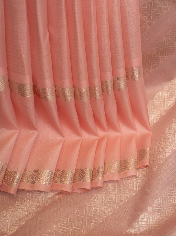 Salmon Pink and Silver Checks Rettai Pettu Pure Kanchipuram Silk Saree - Clio Silks